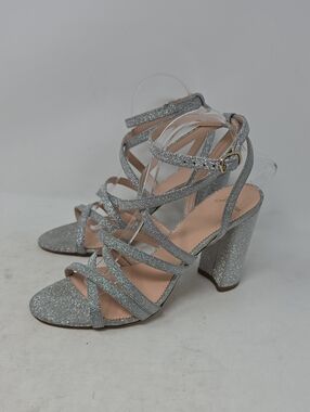 J. Crew Glitter Strappy Stella  Block Heel Sandals - Silver Size 10